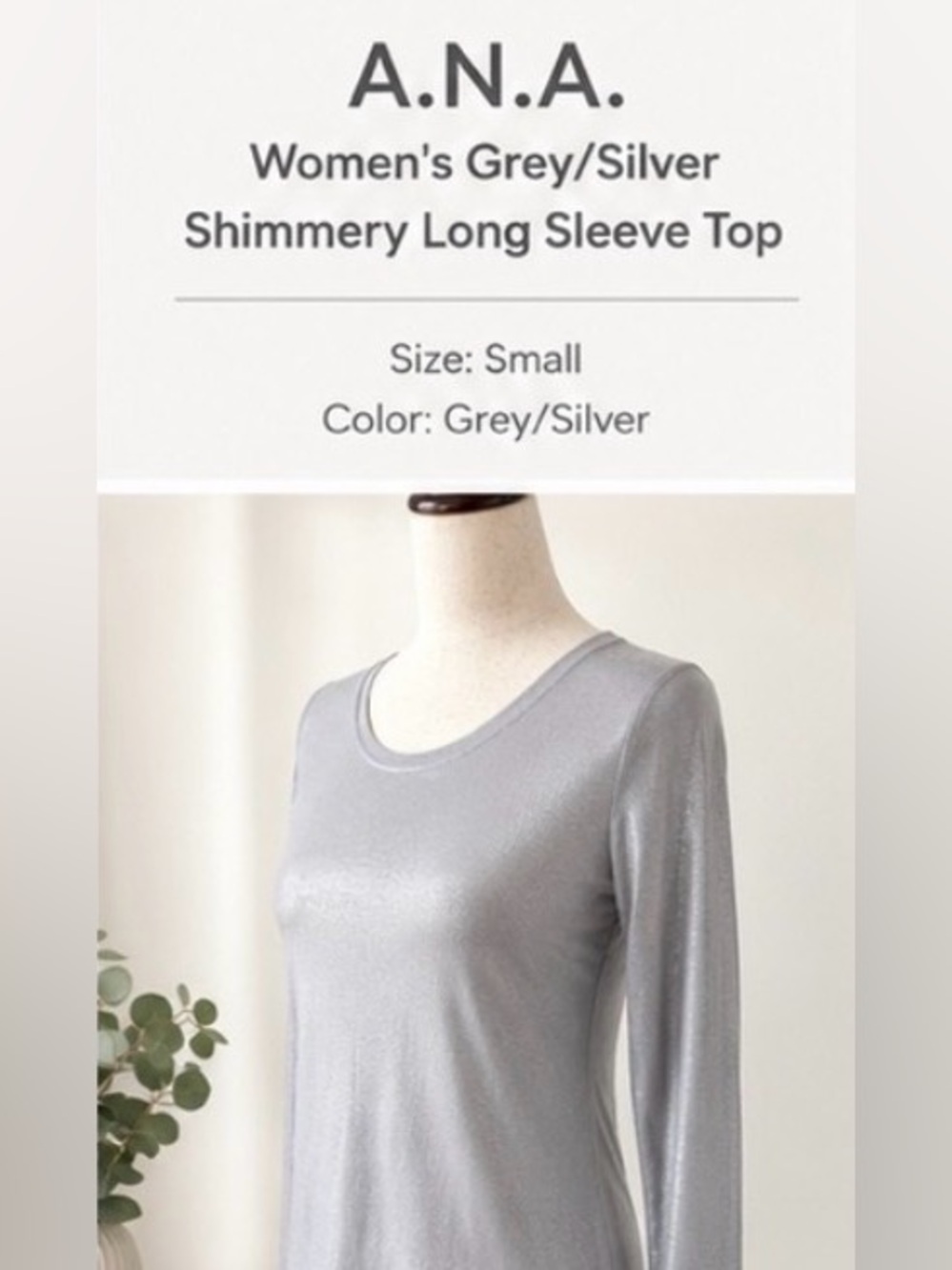 A.N.A. Women's grey/silver Long Sleeve Shimmery top dressy or casual. Size Small